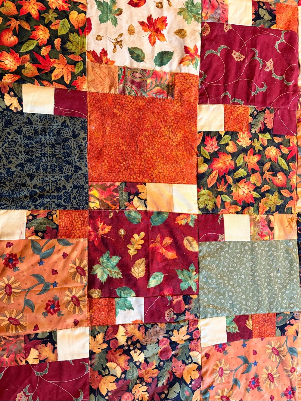 Autumn Leaf Patchwork Quilt Throw - Red, Orange & Green
